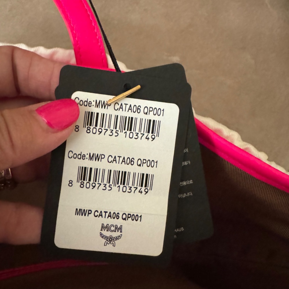 πππNWT MCM πNeonπ Pink Visetos Coated Canvas Portuna Shopper Tote - Picture 5 of 15